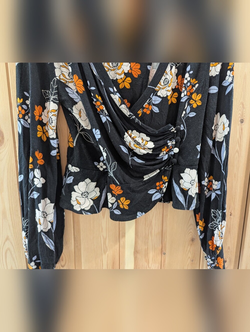 Free People Black Floral Wrap Top with Cream and Light Blue Accents - Picture 6 of 7